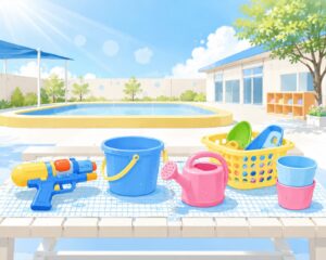 保育園のプールサイドに並んだ水遊びおもちゃ（水鉄砲・バケツ・じょうろ）