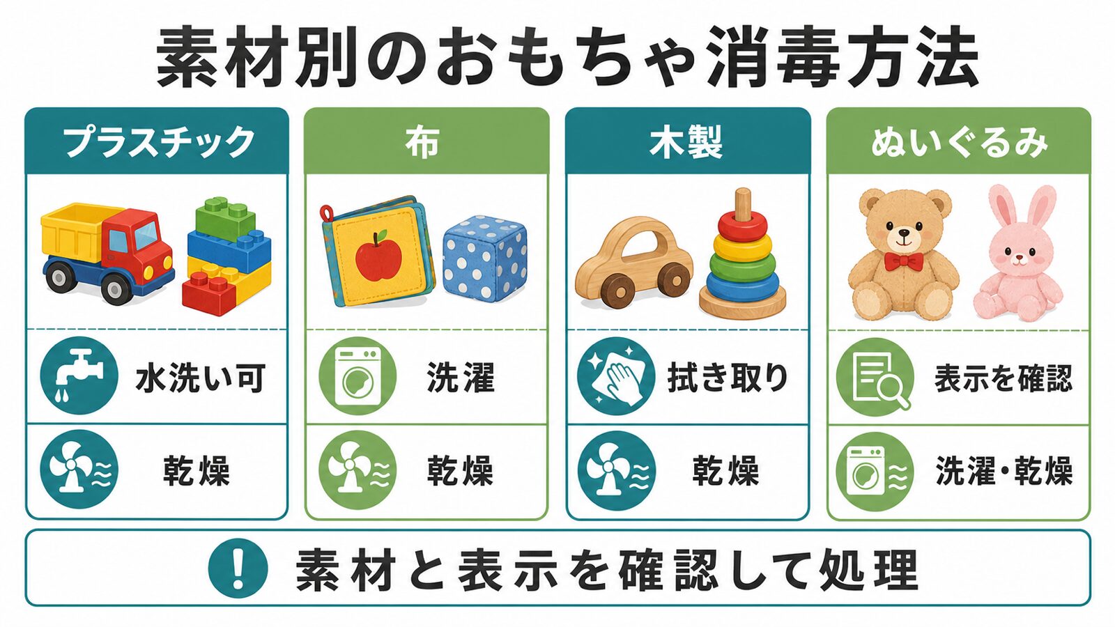 素材別のおもちゃ消毒方法。プラスチック、布、木製、ぬいぐるみの処理方法を示した図解。