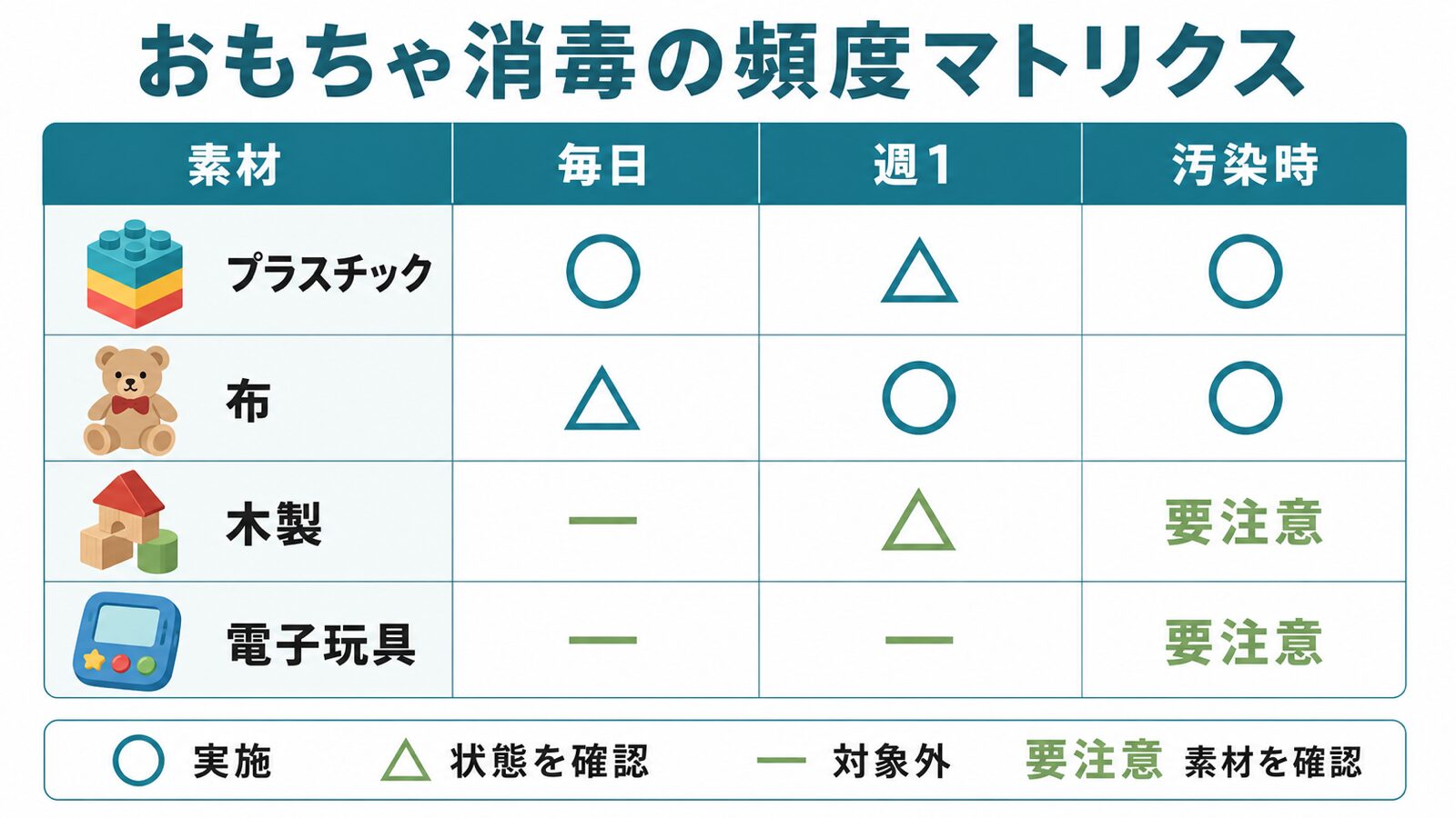 おもちゃ消毒の頻度マトリクス。素材ごとの毎日、週1、汚染時の対応目安を示した図解。