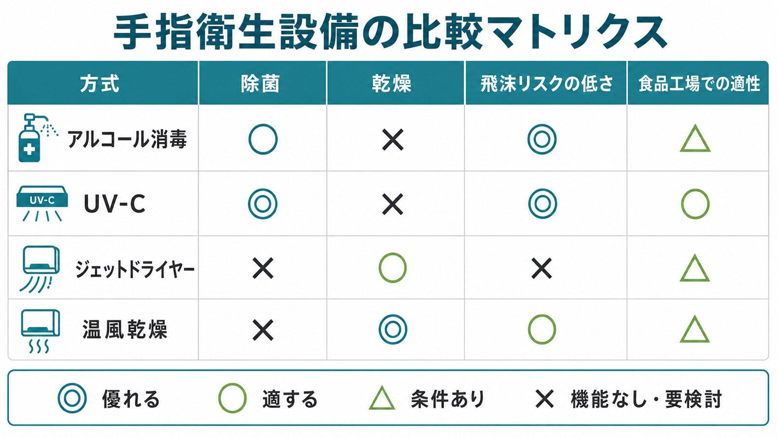 手指衛生設備の比較マトリクス。アルコール、UV-C、ジェット、温風乾燥を比較した図解。