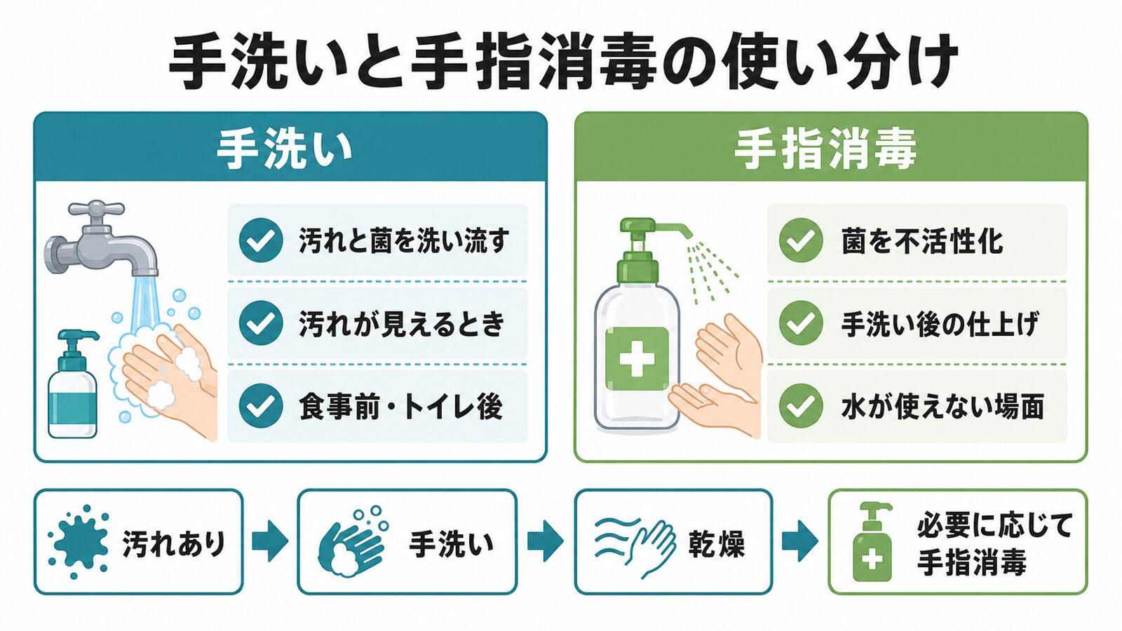 手洗いと手指消毒の使い分け。目的、適する場面、手洗いから乾燥・消毒までの流れを示した図解。